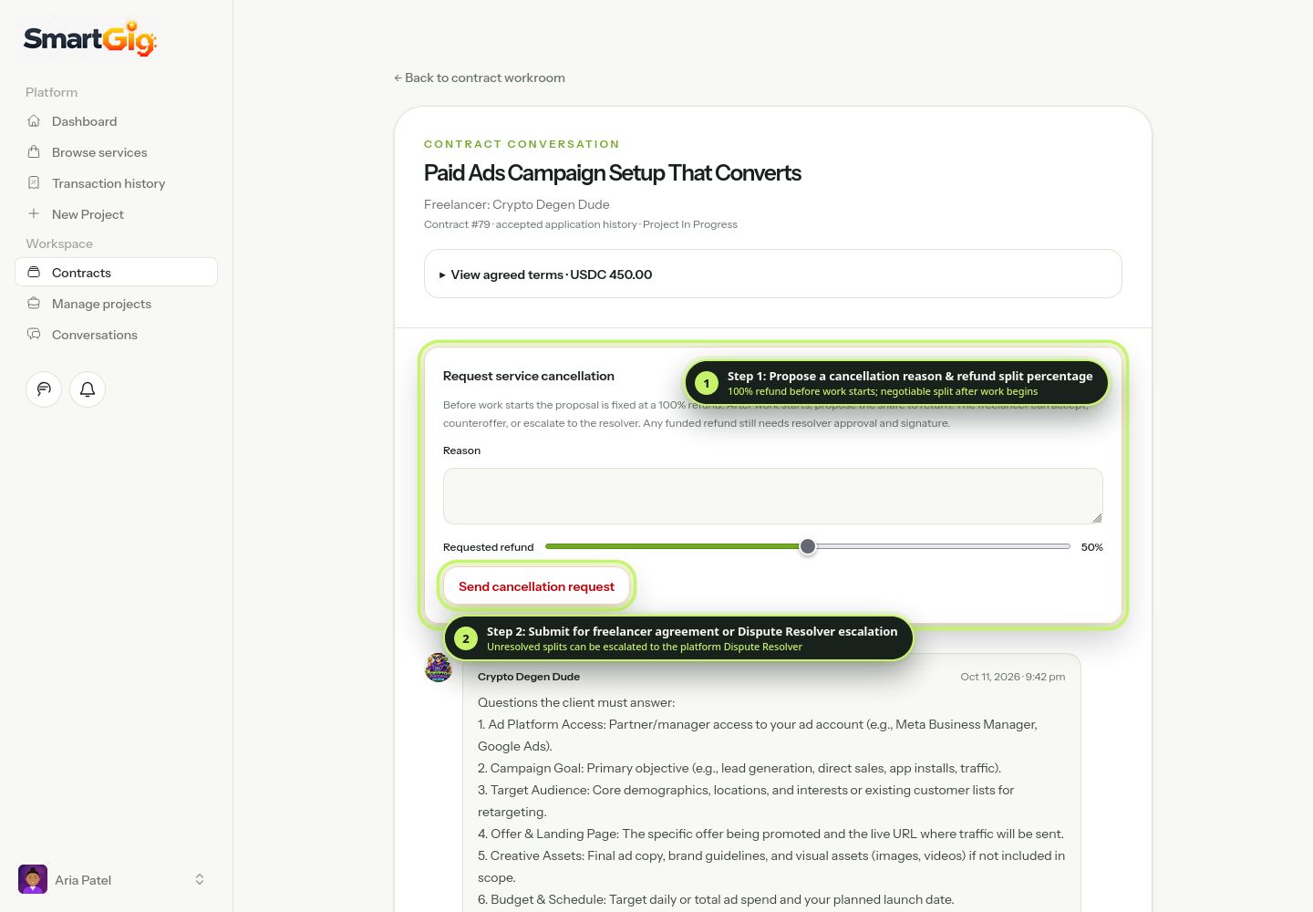 Annotated screenshot of the Request Service Cancellation form with refund percentage slider