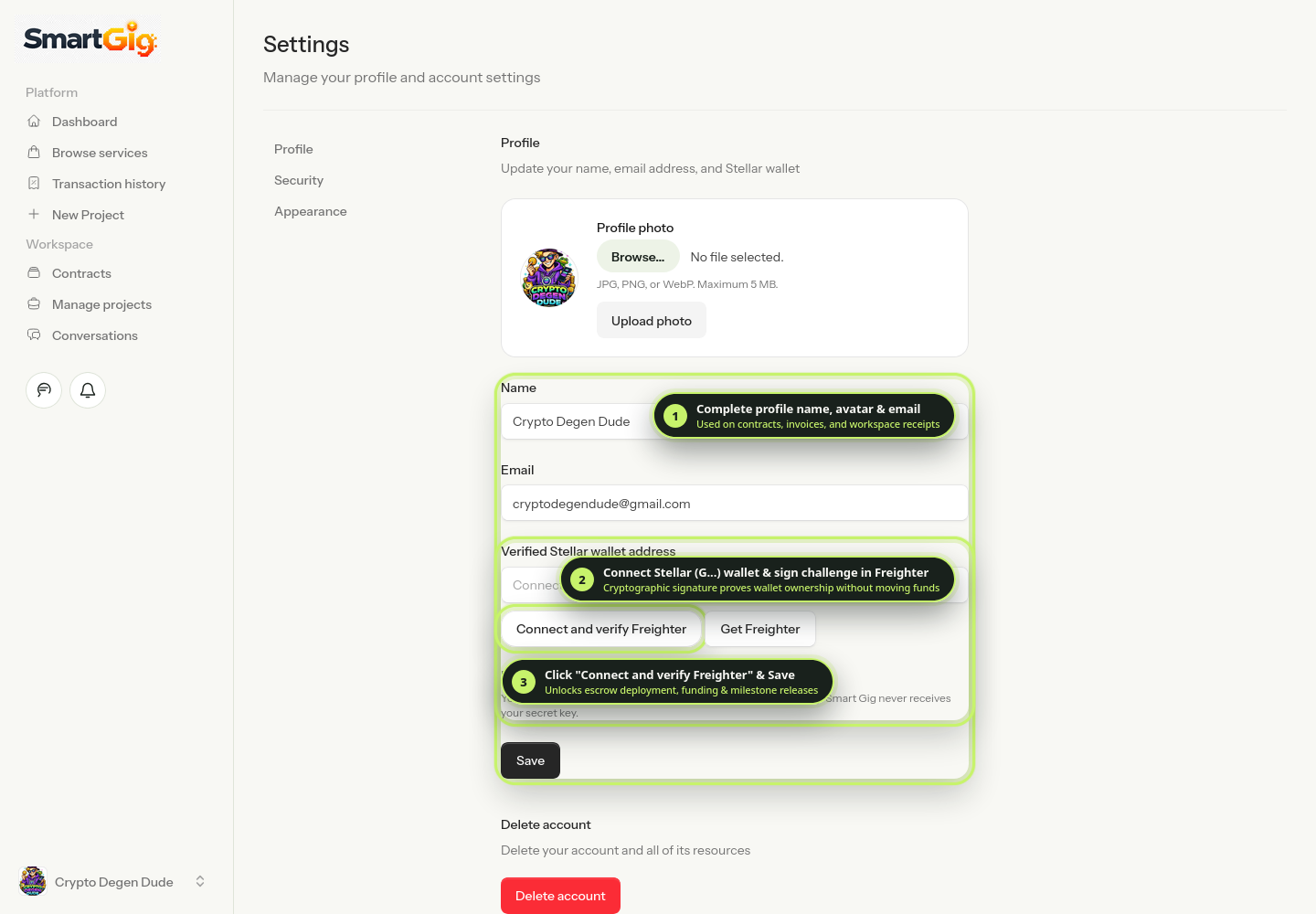 Annotated screenshot of Client Profile Settings showing Freighter Stellar wallet verification
