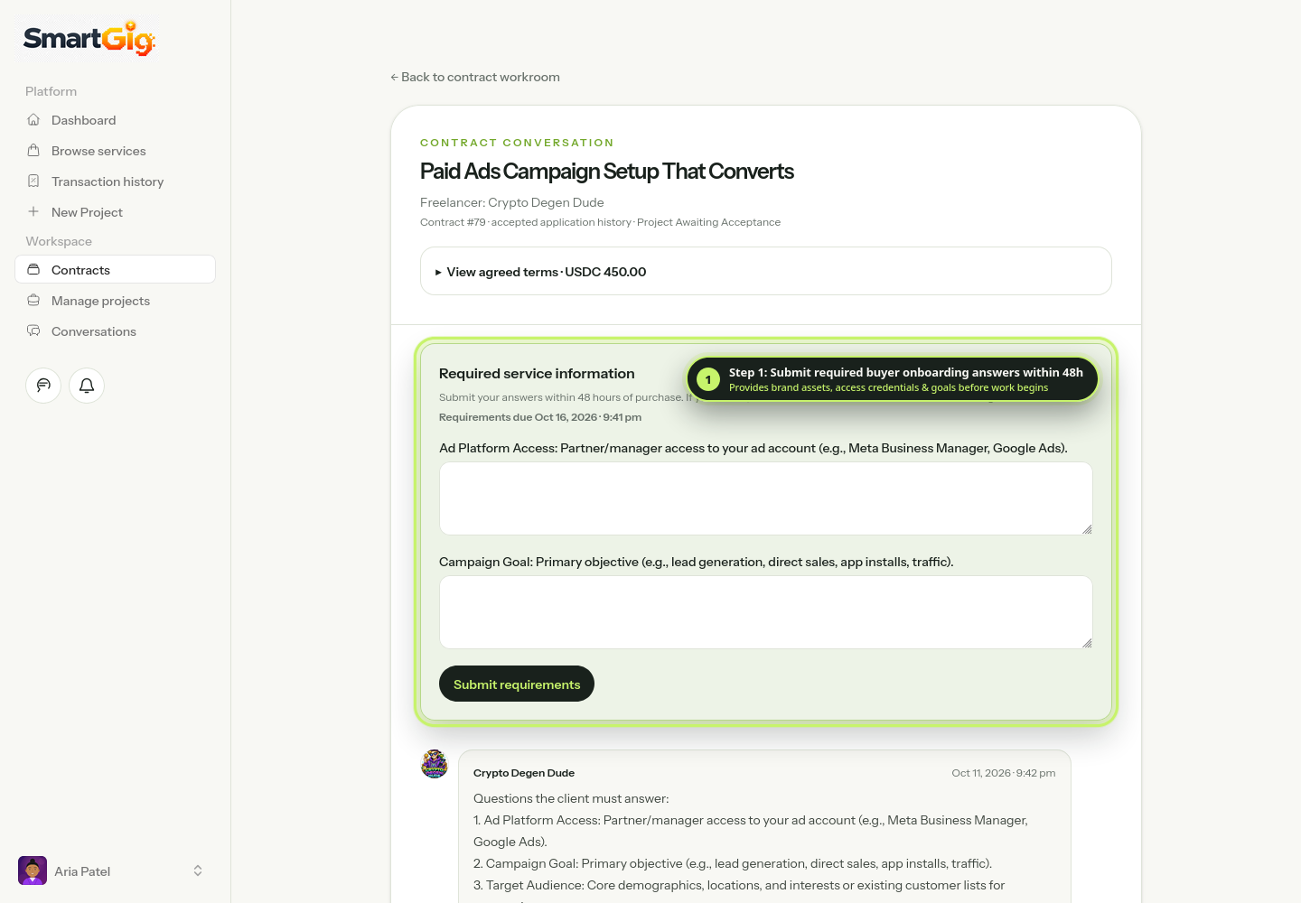 Annotated screenshot of the Required Service Information form and contract conversation thread