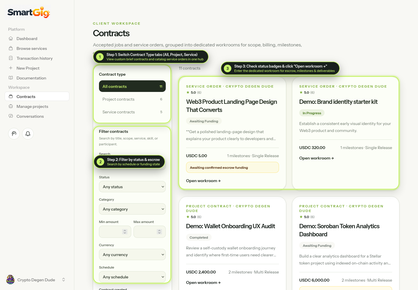 Annotated screenshot of the Client Contracts Hub showing contract type tabs, search and escrow status filters, and contract cards