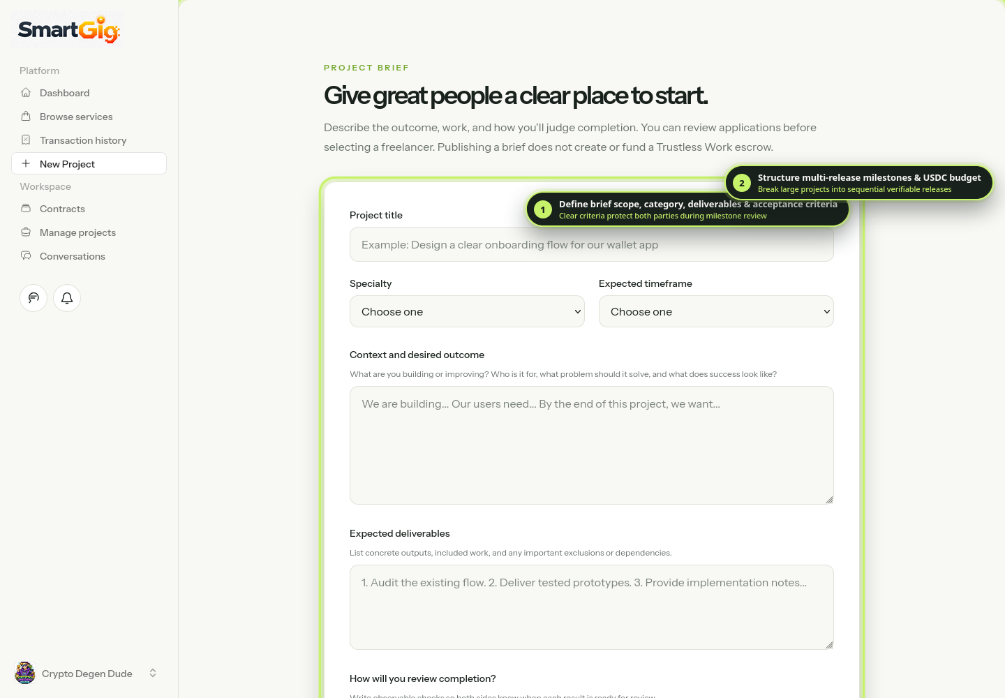 Annotated screenshot of the Post a Custom Brief form showing scope, budget, and milestone configuration