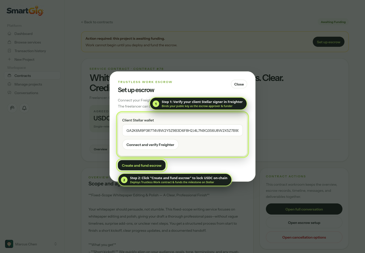 Annotated screenshot of the Contract Workroom and Stellar Escrow setup modal