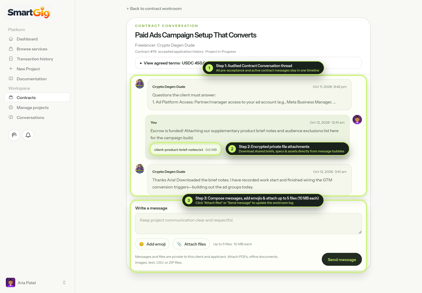 Annotated screenshot of the Client Contract Conversation showing private message history, downloadable file attachment pill, and message composer