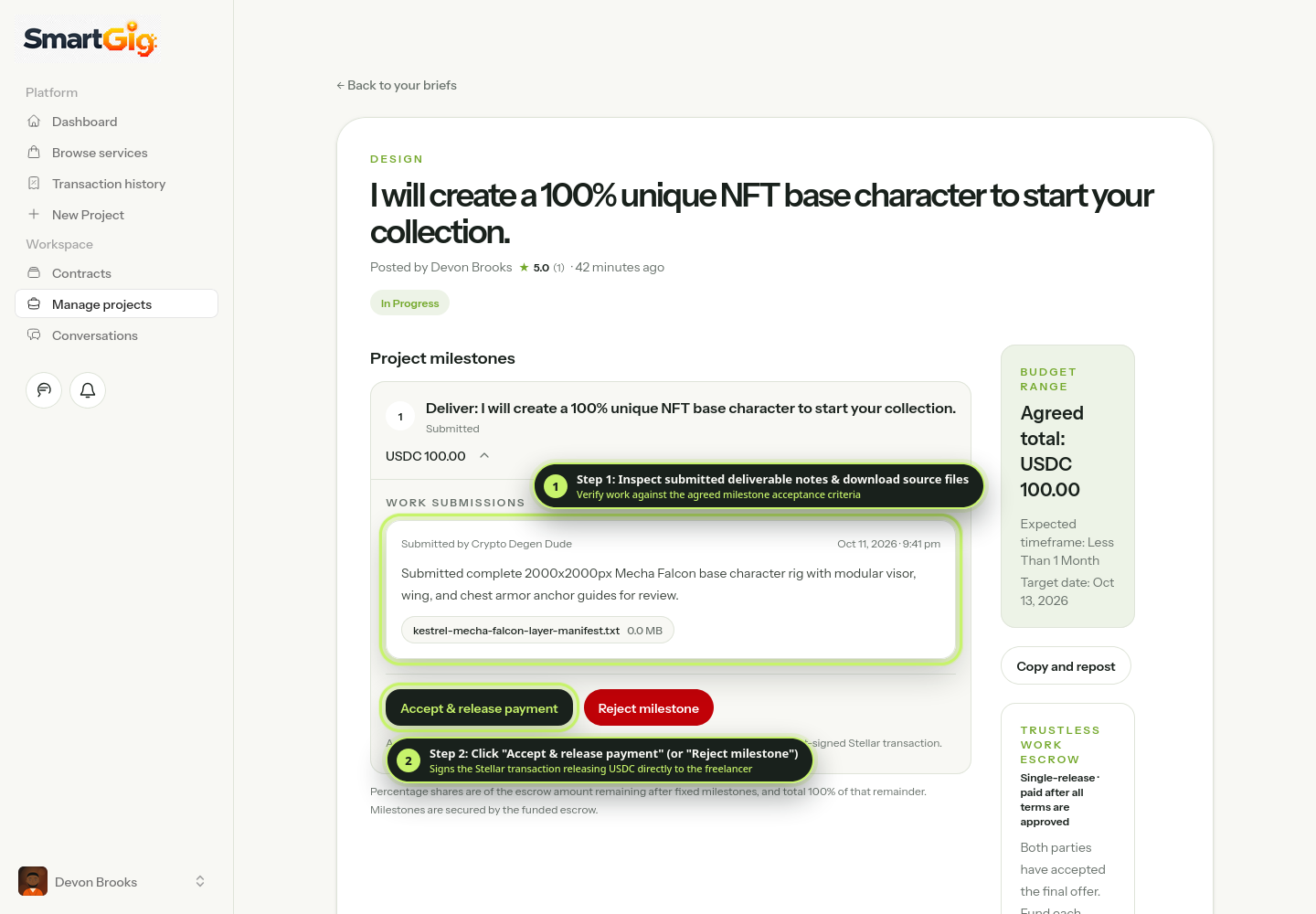 Annotated screenshot of a submitted project milestone showing deliverable files and the Accept & Release Payment button