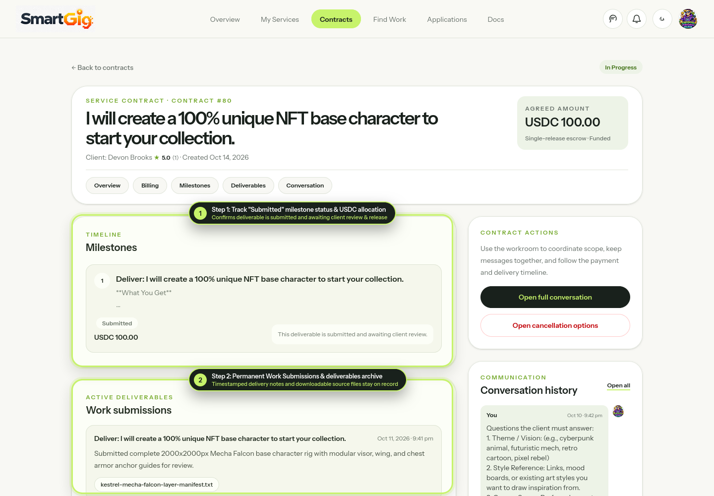 Annotated screenshot of the Freelancer Contract Workroom showing a Submitted milestone and the Active Deliverables work submissions card