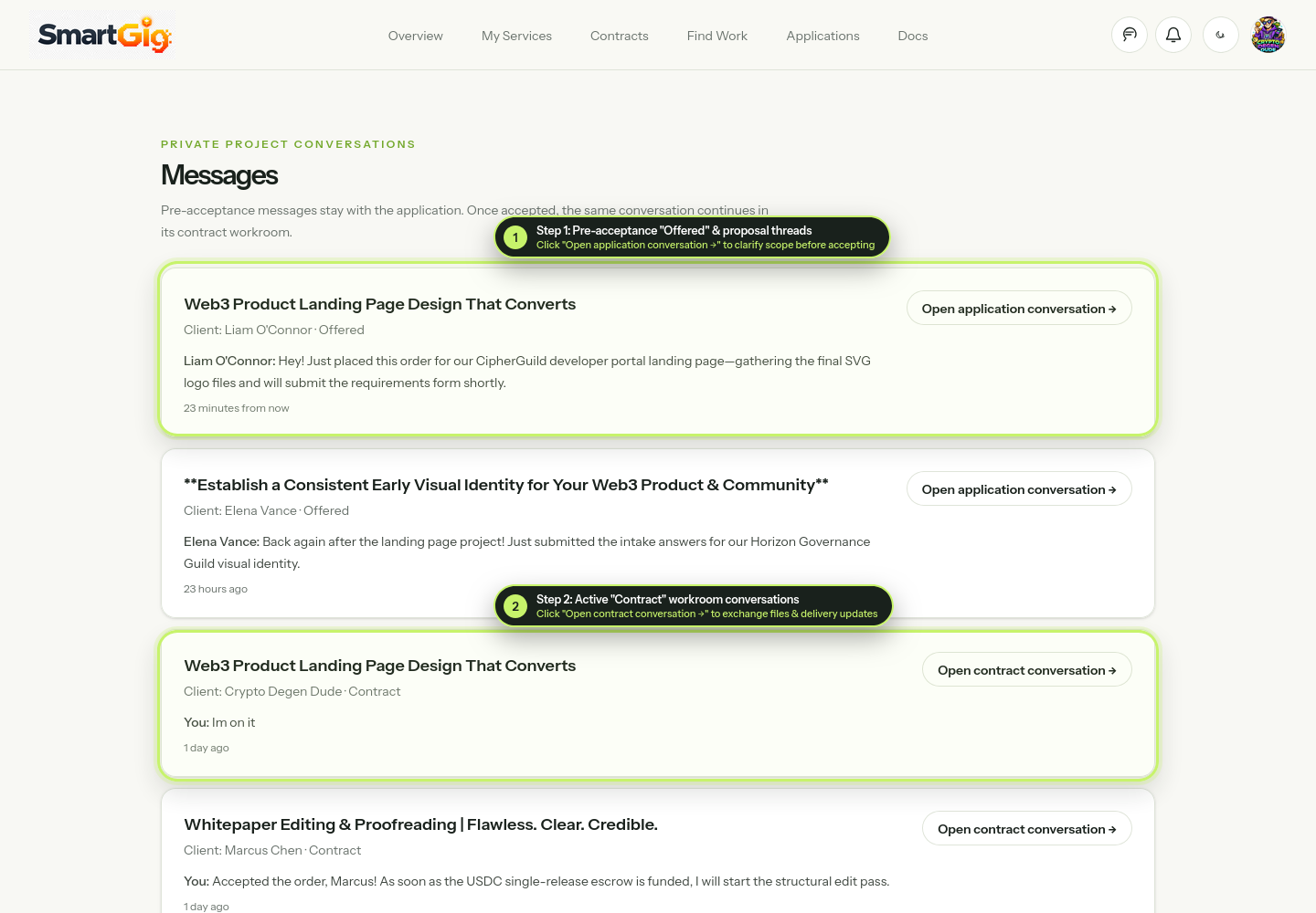 Annotated screenshot of the Freelancer Messages inbox showing application conversation and contract conversation threads