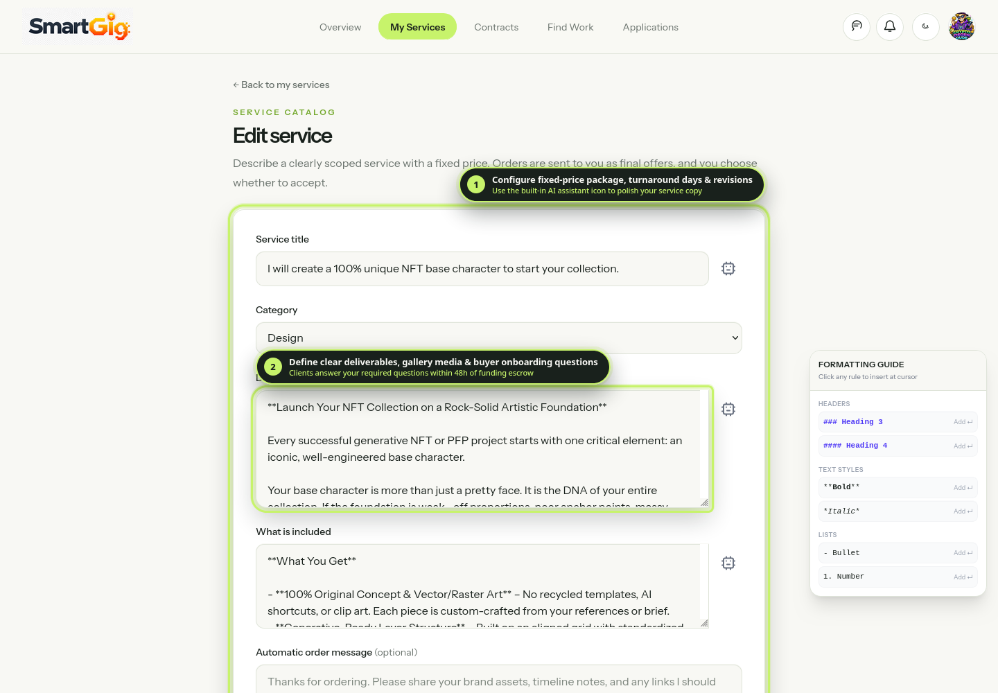 Annotated screenshot of the Edit Service page showing title, AI assistant, description, and buyer onboarding questions