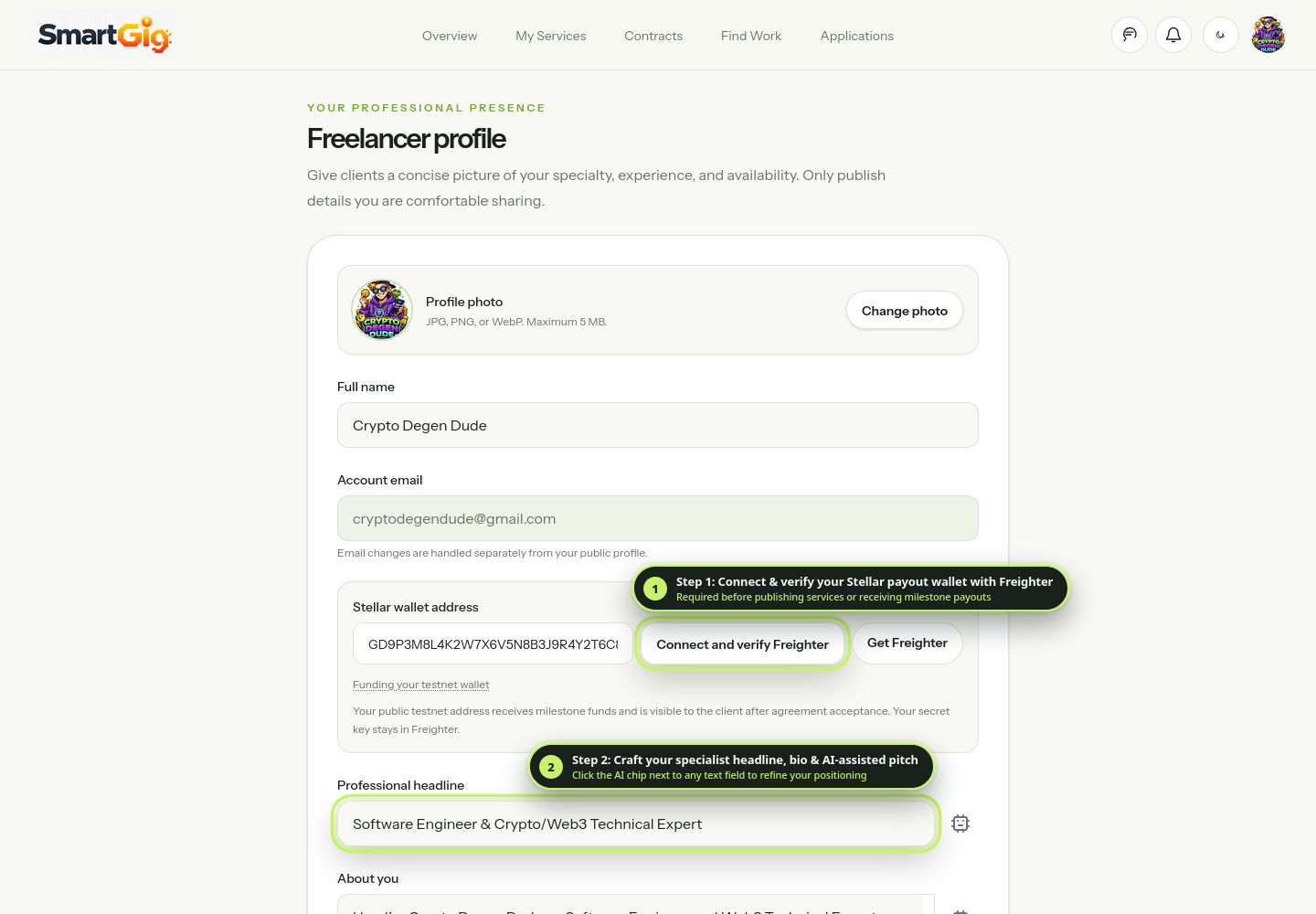 Annotated screenshot of the Freelancer Profile page showing Stellar wallet verification and AI-assisted headline fields